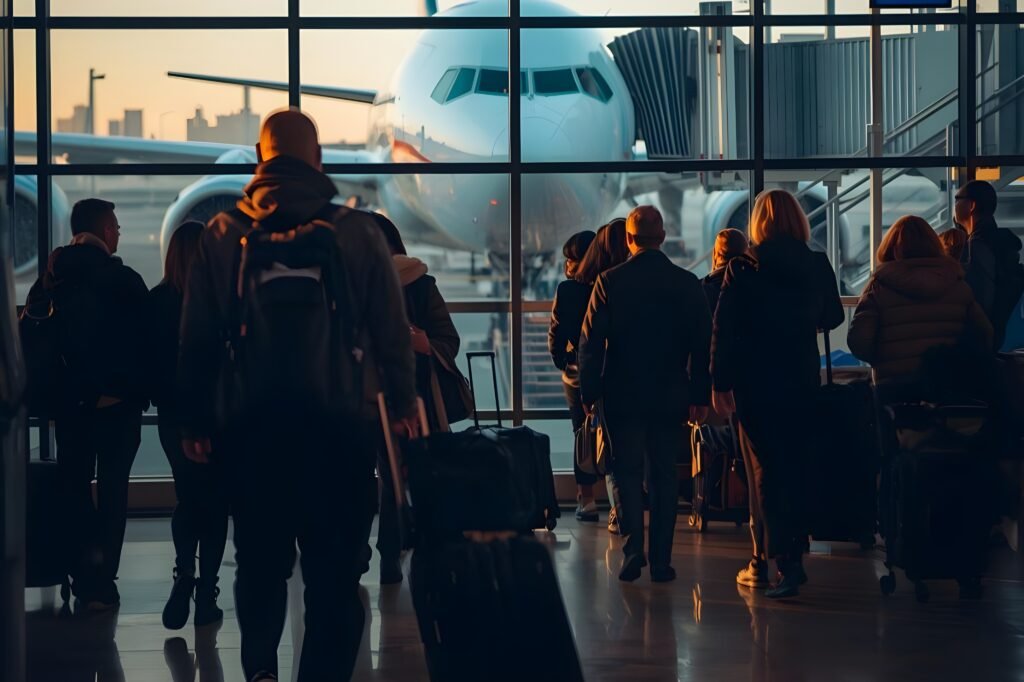 Travelers walking through airport terminal with luggage, representing international travel and currency exchange preparation
