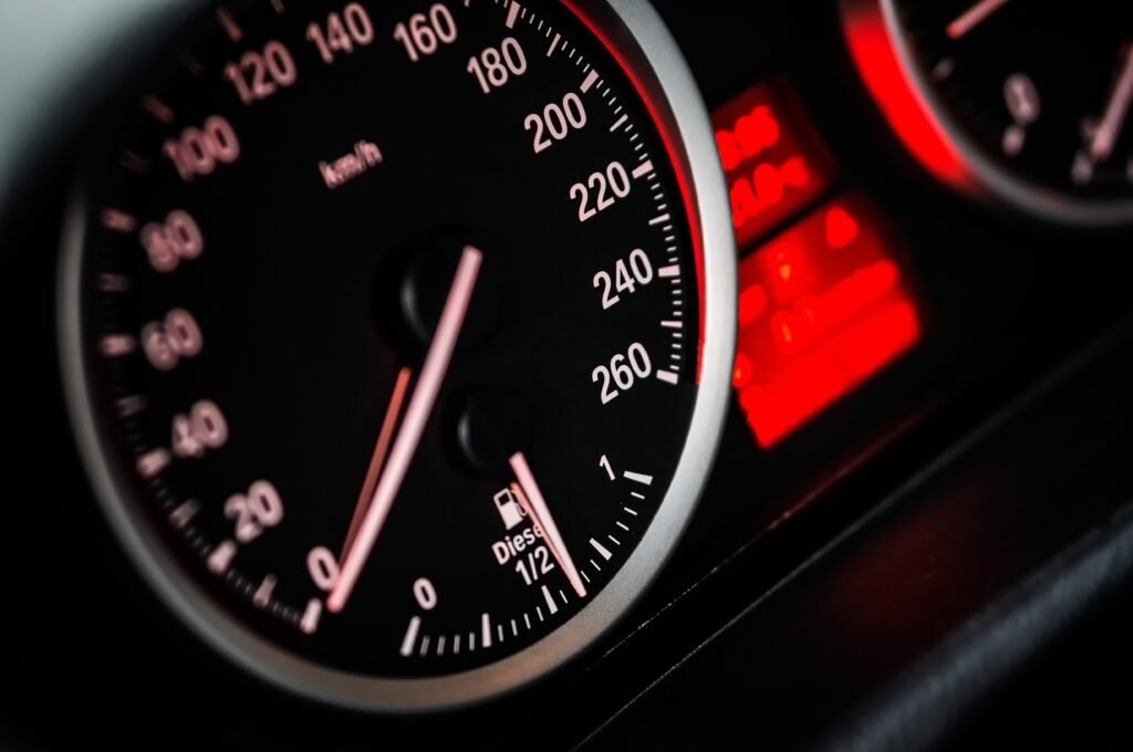 Car speedometer showing miles per hour